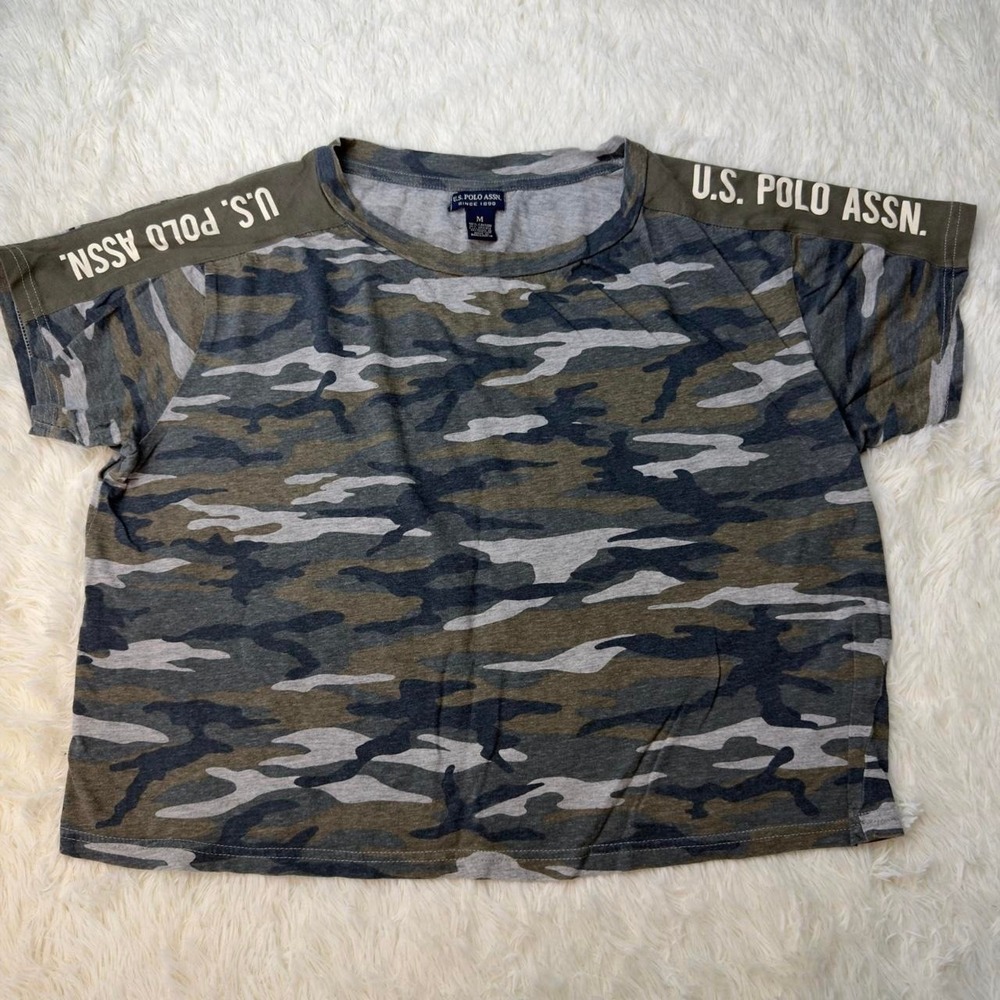 US Polo Assn Womens Camo Print Crop Top Short Sleeve Logo Graphic Tee Green M